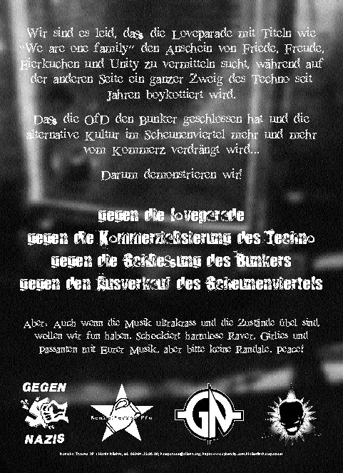 Hateparade Flyer 1997: Rückseite. Logos von Bembelterror Frankfurt, Gabba Nation und Unlimited Vibration.