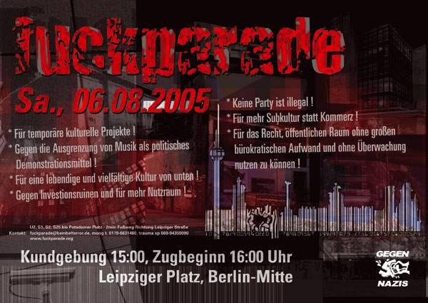 Fuckparade Flyer 2005: Die Vorderseite zeigt das Logo sowie eine stilisierte Berliner Skyline als Strichcode