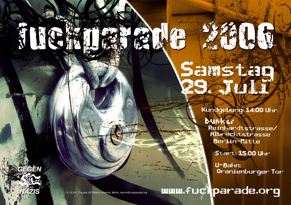 Fuckparade Flyer 2006: Die Vorderseite zeigt das Logo sowie ein gro�es rundes Vorh�ngeschloss an einer dicken Kette