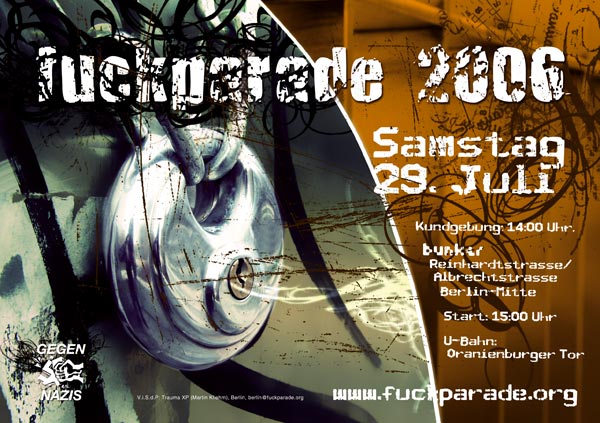 Fuckparade Flyer 2006: Die Vorderseite zeigt das Logo sowie ein großes rundes Vorhängeschloss an einer dicken Kette